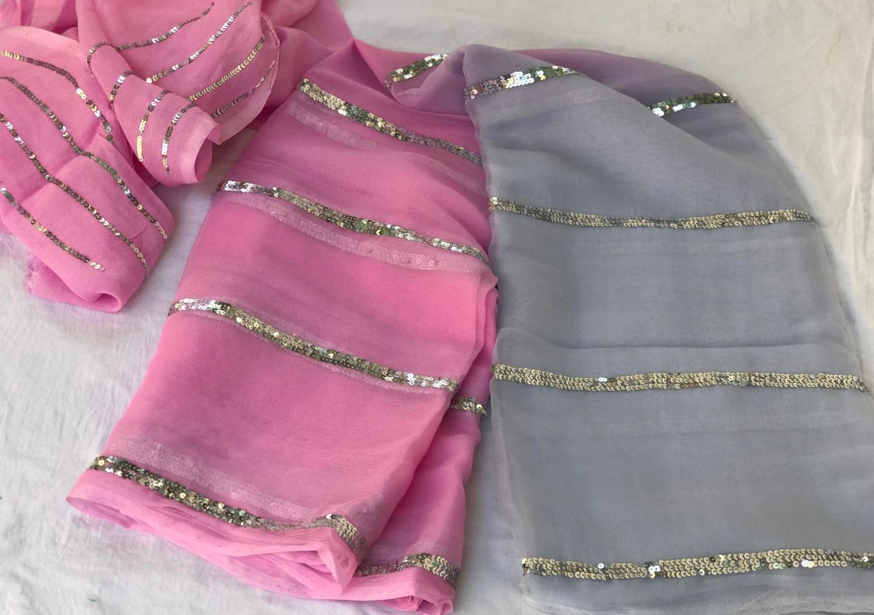 Ombre grey pink sequins stripes sarees