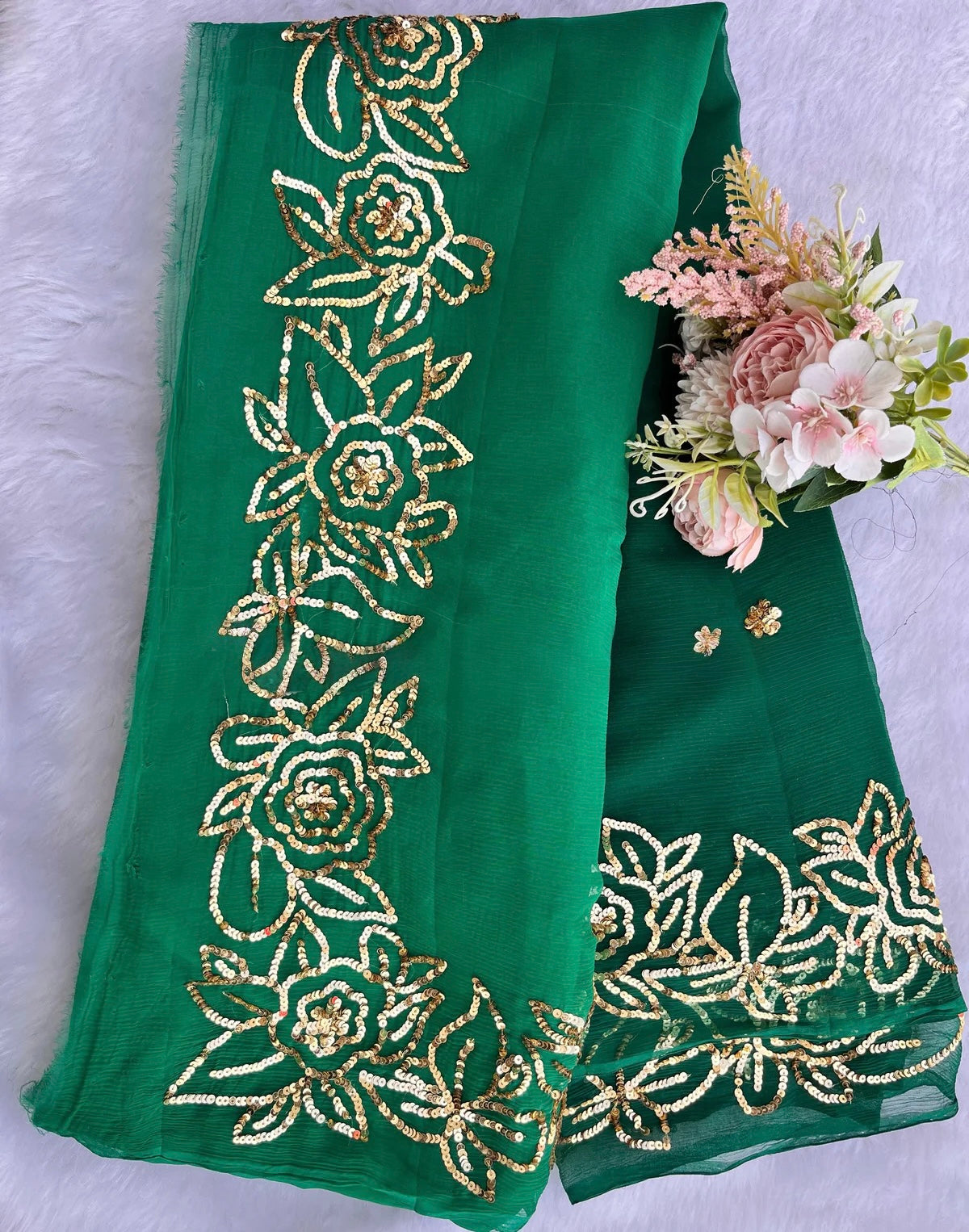 Ombre green rose border saree