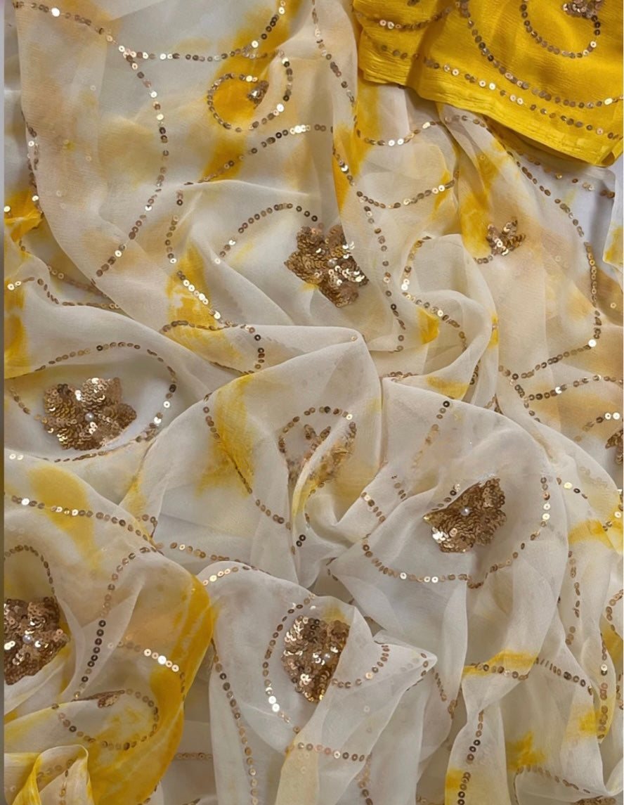 Yellow Shibori sequins jaal saree