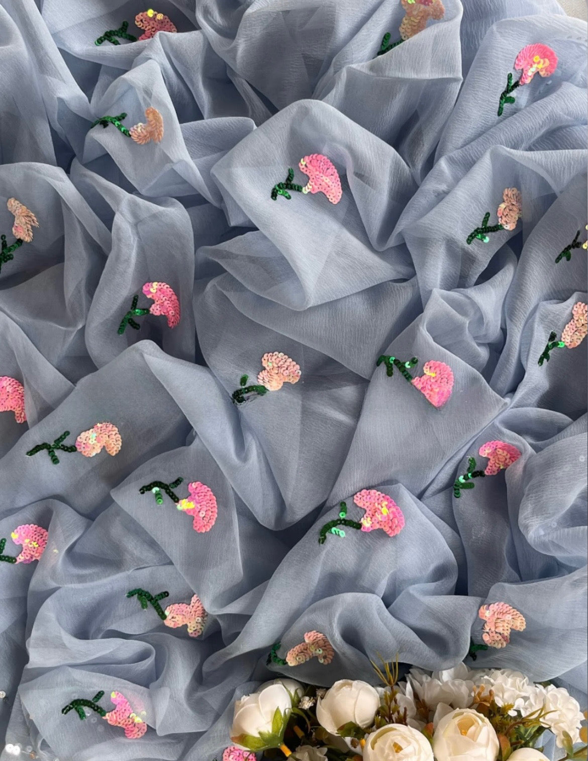 Grey sequins buta saree