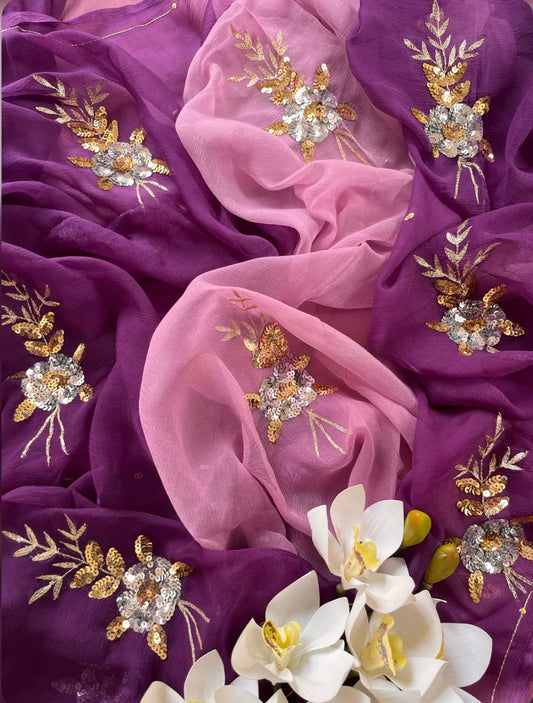 Ombre purple shaded sequins buta saree