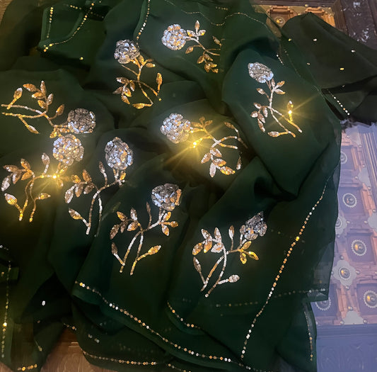 Bottle green sequins buta saree