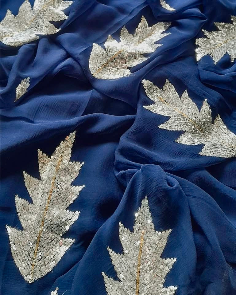 Blue silver sequins buta saree