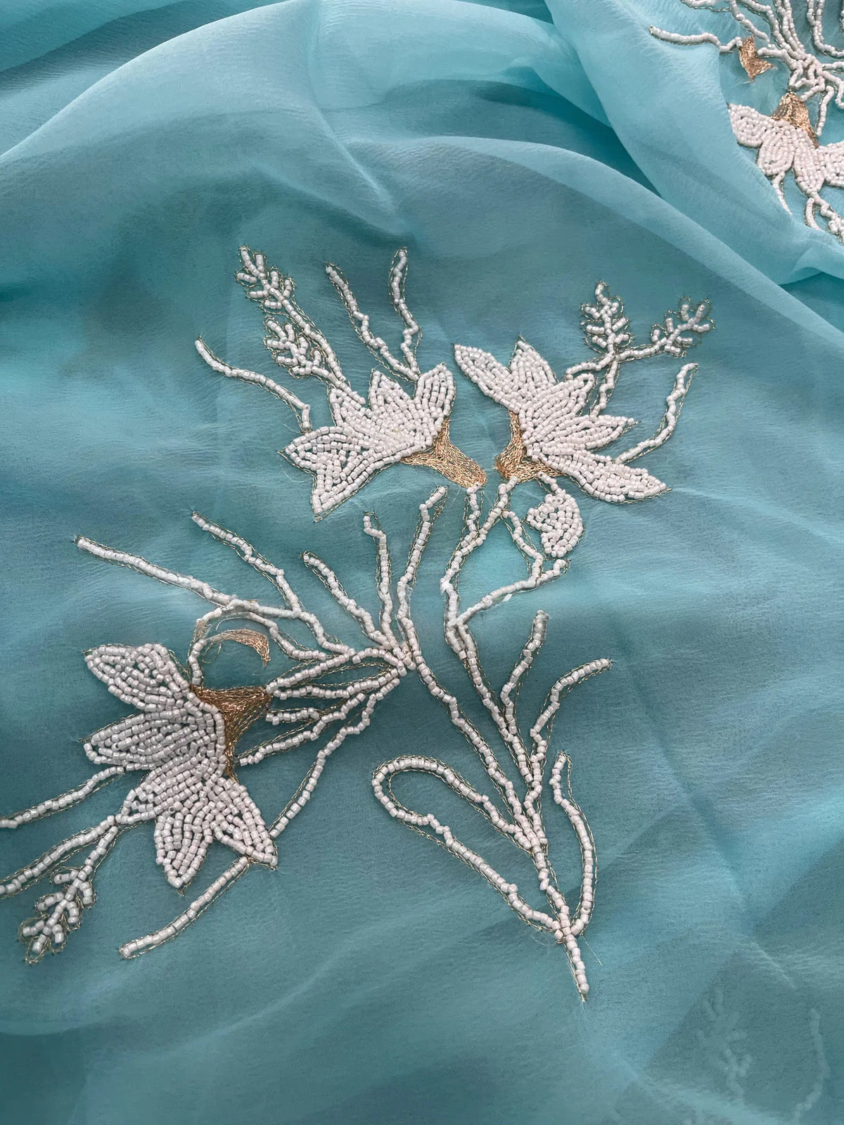 Aqua pearl Zari buta saree