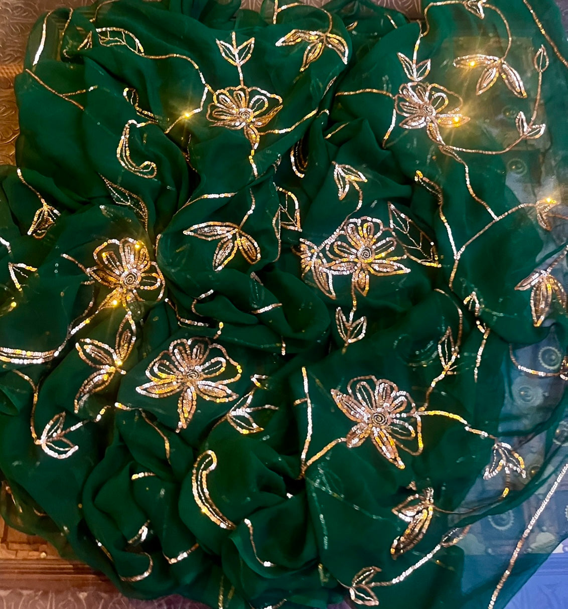 Bottle green sequins Jaal saree