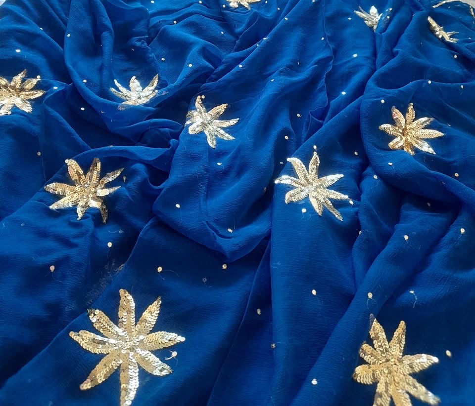 Blue sequins buts saree