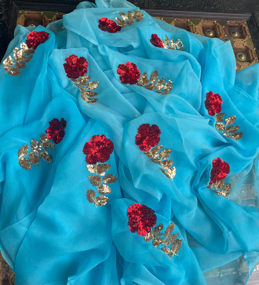 Ombre sky blue  sequins buta saree