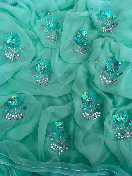 Sea green sequins flower saree