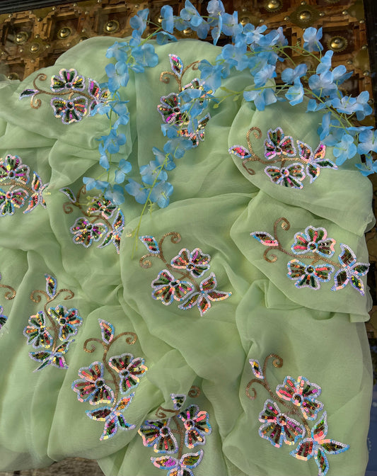 Olive sequins buta saree