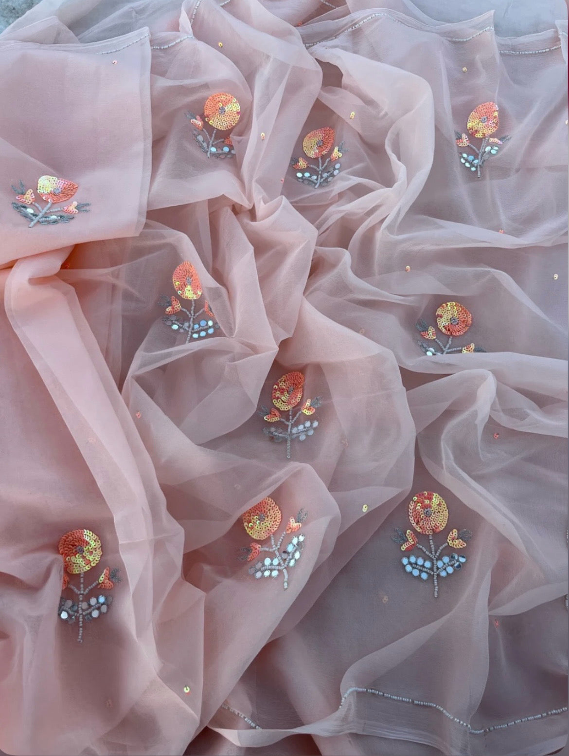 Light peach sequins flower saree