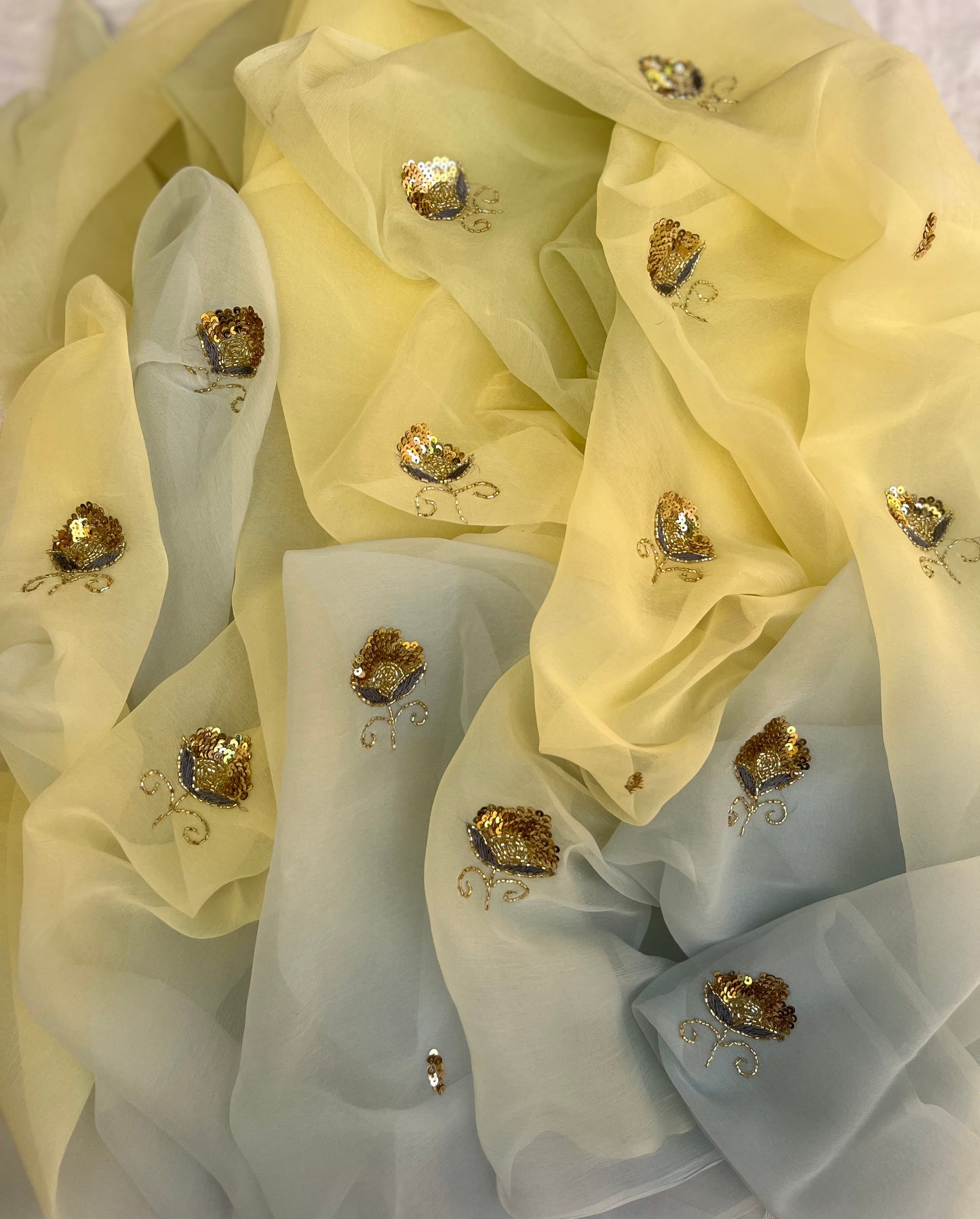 Ombre yellow shaded sequins buta saree