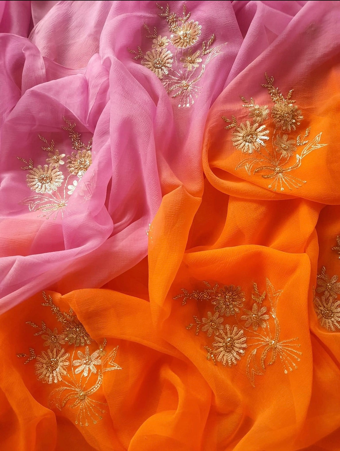 Ombre pink orange zari buta saree
