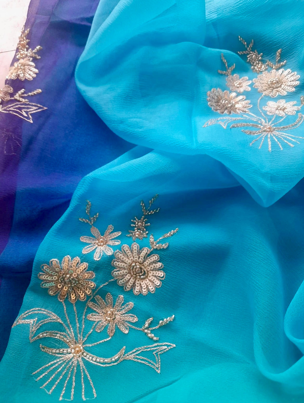 Ombre blue shaded zari buta saree