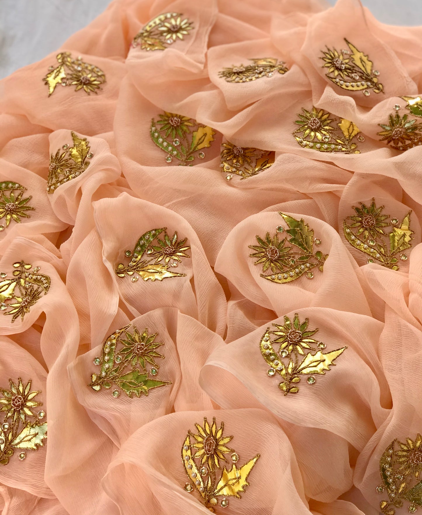 Peach laffa Zardoji buta saree