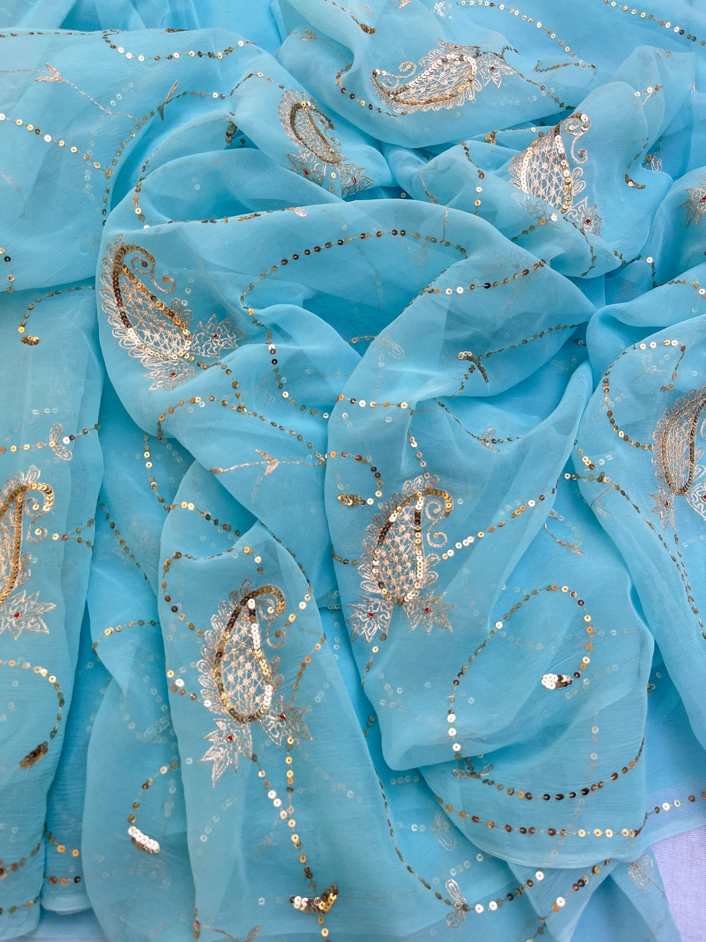 Sky blue Aari sequins Jaal saree