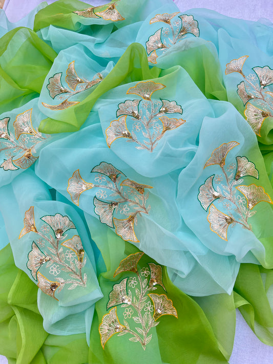 Ombre green shaded Zari sequins buta saree