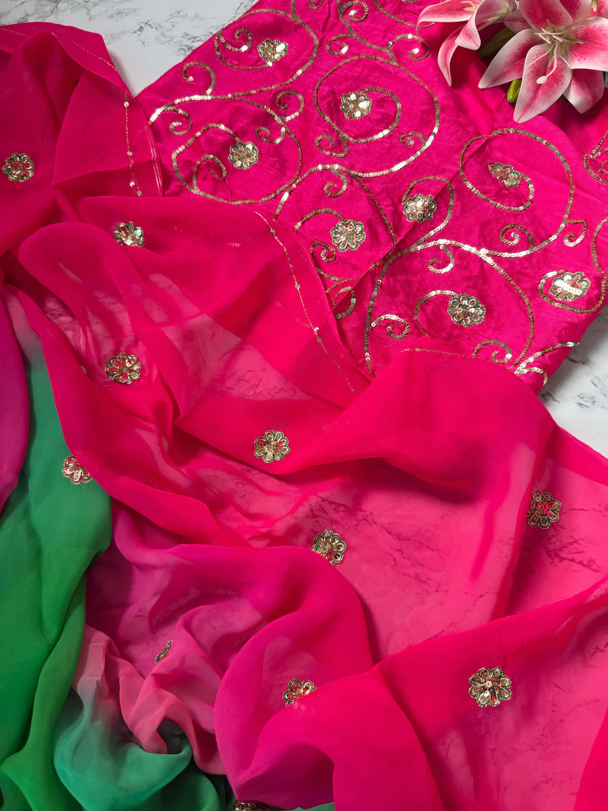 Green pink chiffon saree with Jaal blouse