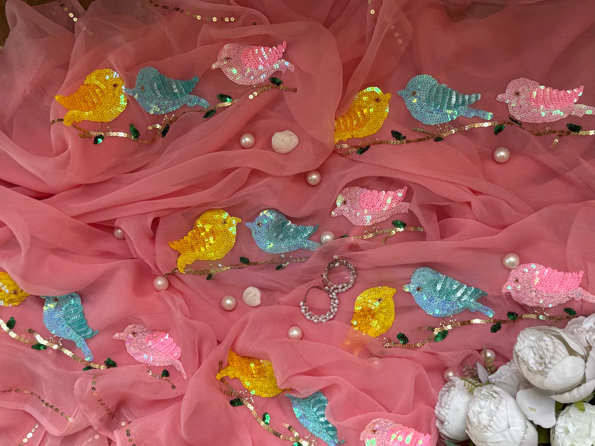 Peach chirpy Birds chiffon saree