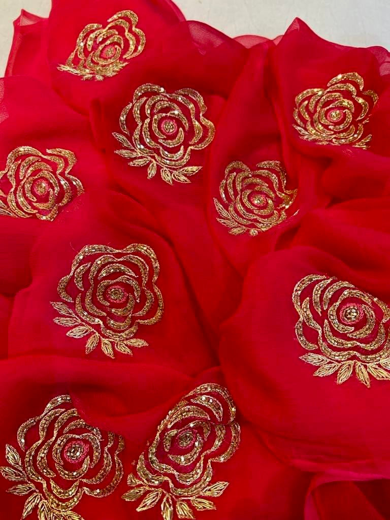 Red cutdana rose buta saree