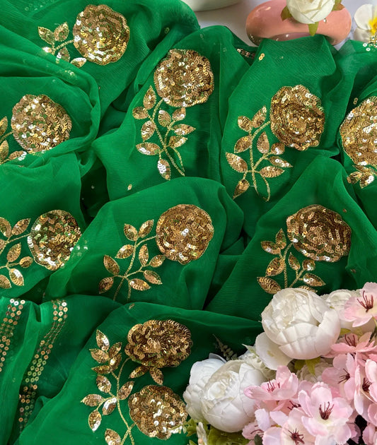 Green sequins Rose buta saree