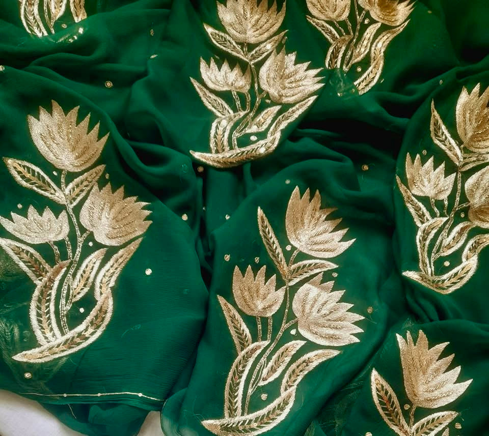 Bottle green Zari Zardoji Buta saree