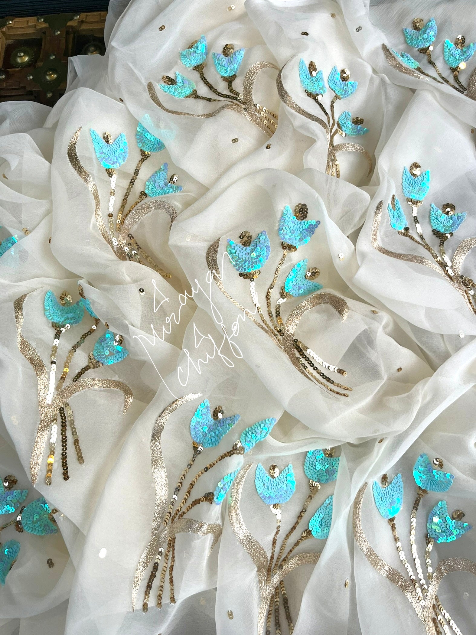 Cream Sequence Motifs Miraya Sarees