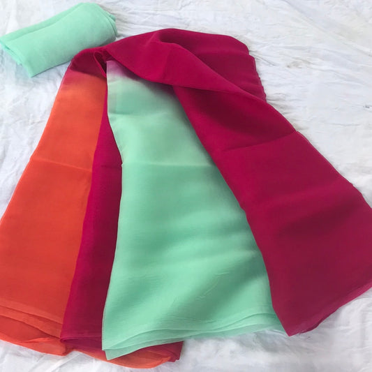 Ombre Orange Sea Green Magenta Miraya Chiffon Sarees