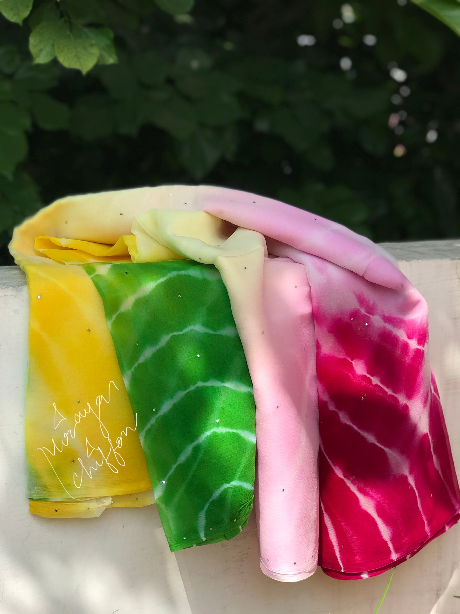 Multi Shaded Lehriya Mukaish Miraya Chiffon Sarees