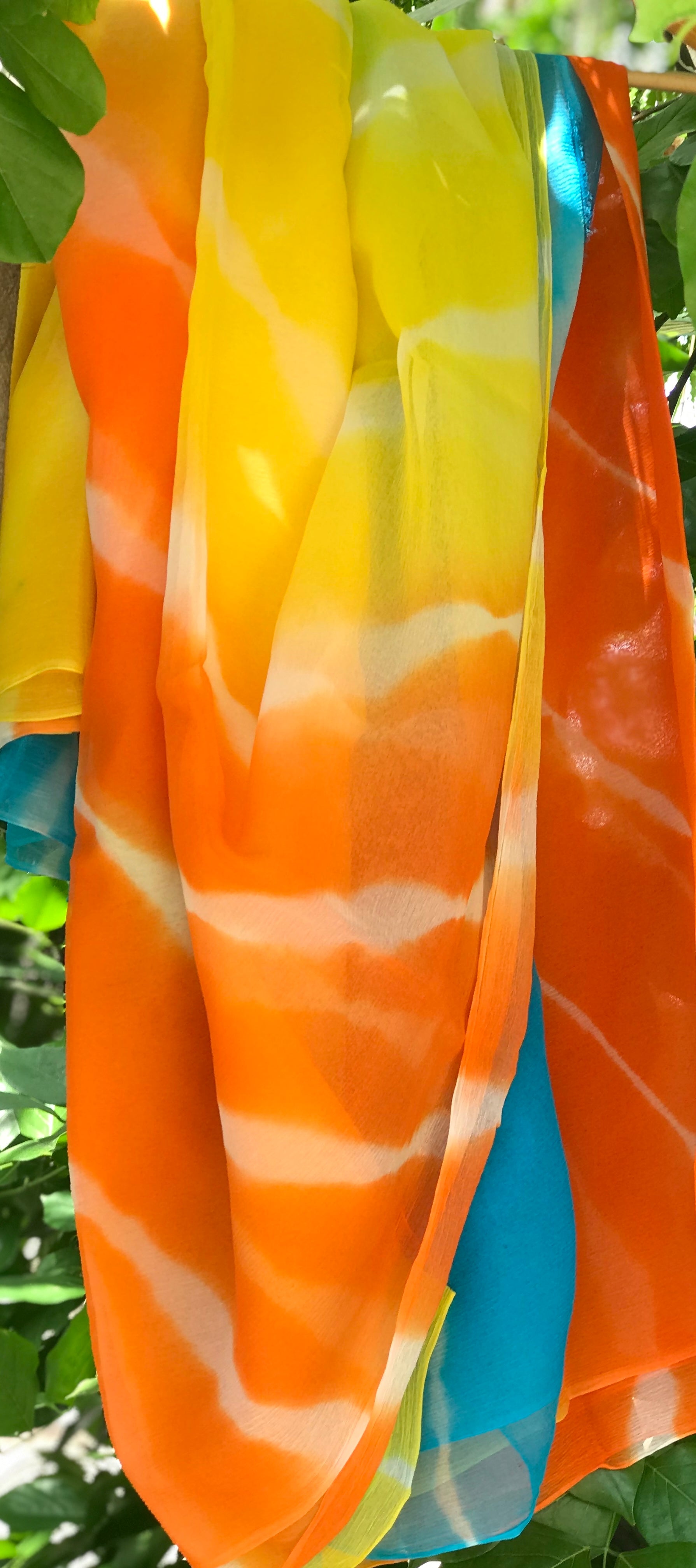 Yellow Orange Sky Blue Lehriya Miraya Chiffon Sarees