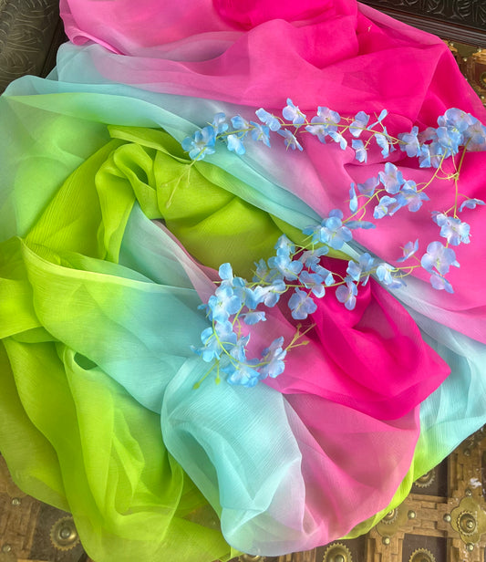Ombre Green Sky Blue Pink Shaded Miraya Chiffon Sarees