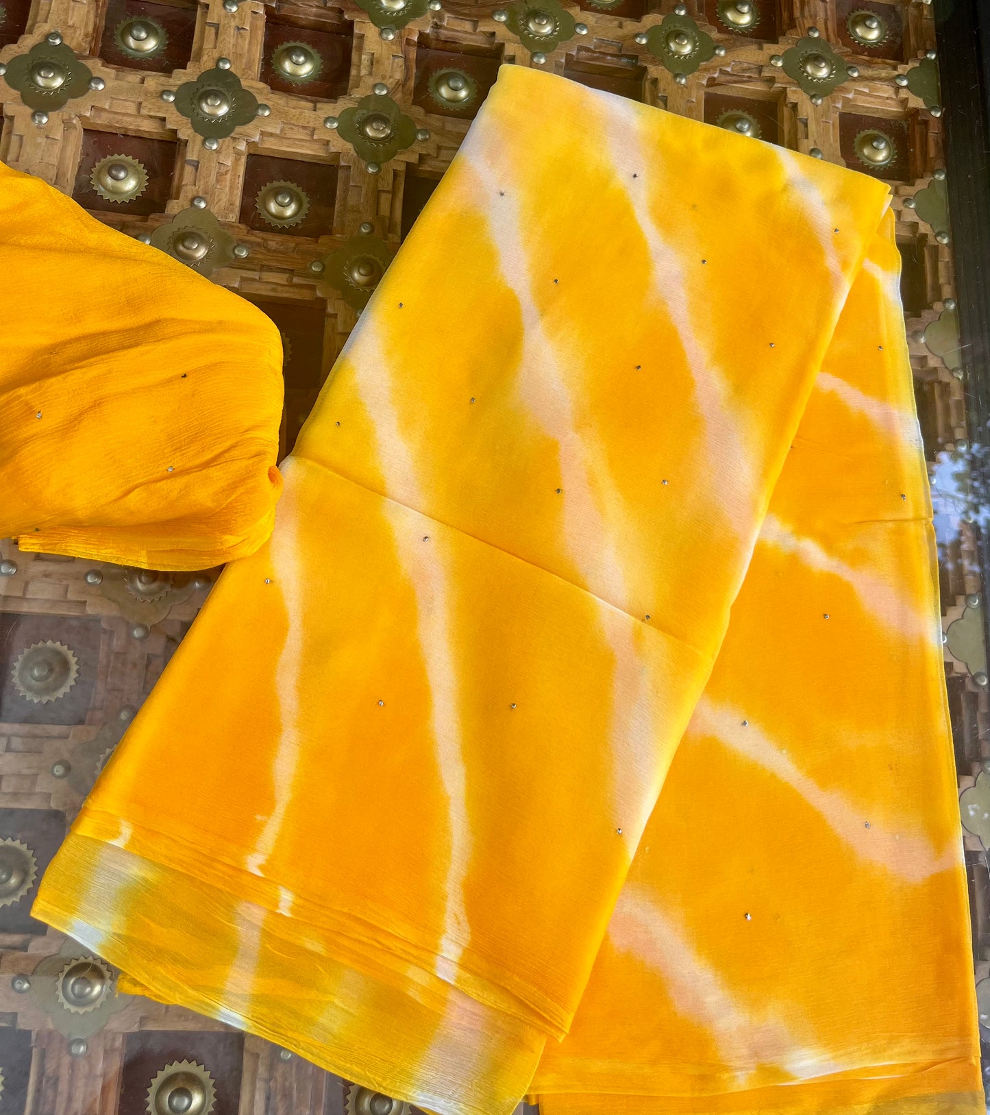 Yellow Lehriya Mukaish Miraya Chiffon Sarees