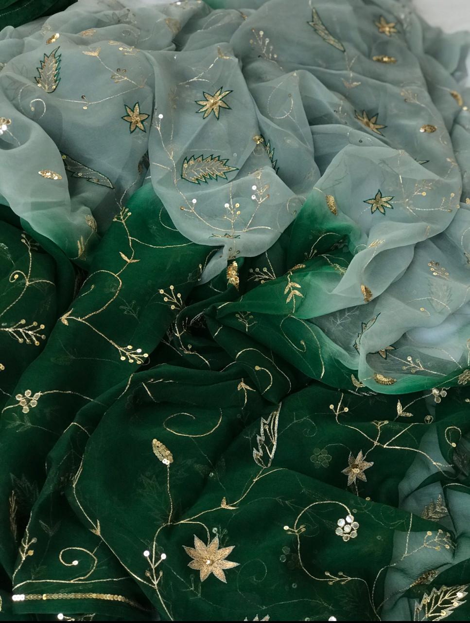 Ombre green shaded Aari sequins Jaal
