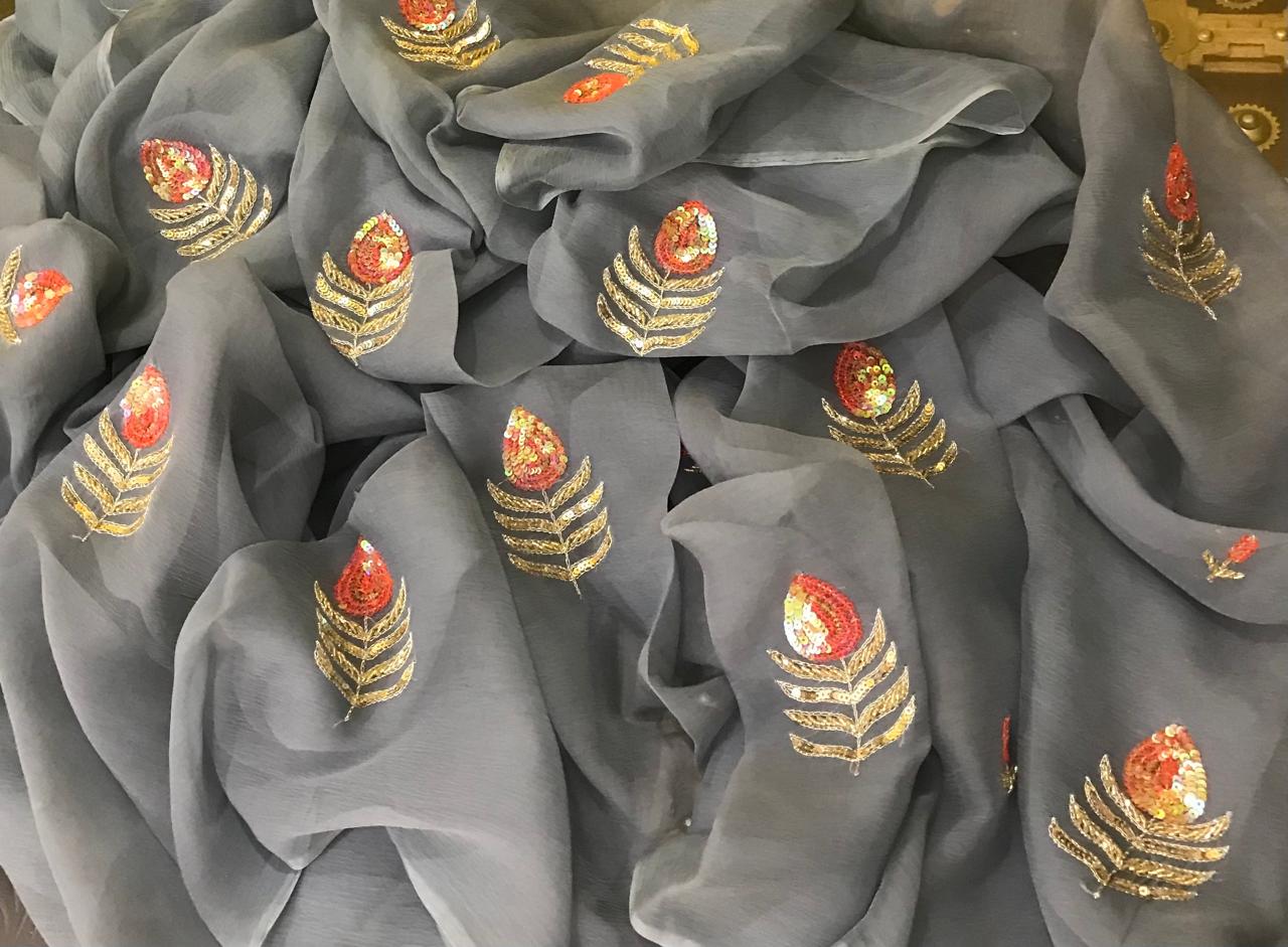 Grey sequins cutdana buta saree