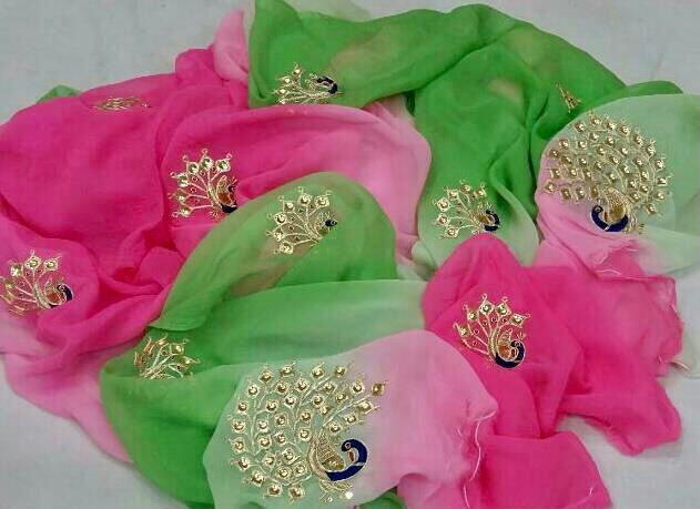 Ombre pink green shaded danka peacock buta saree