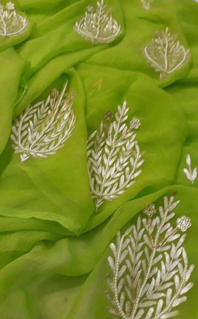 Parrot green zari pearl buta saree