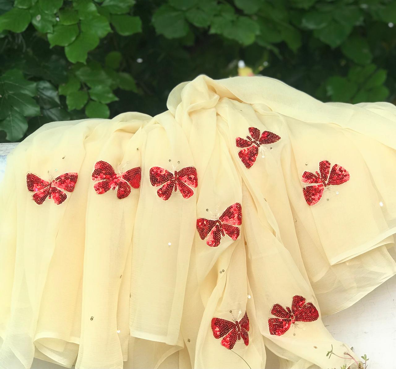 Beige red sequins butterfly motif