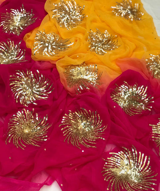 Ombre yellow magenta sequins motif saree
