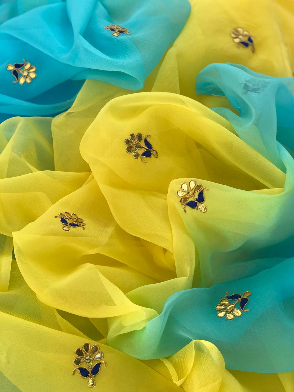 Ombre yellow shaded Gottapatti buta saree