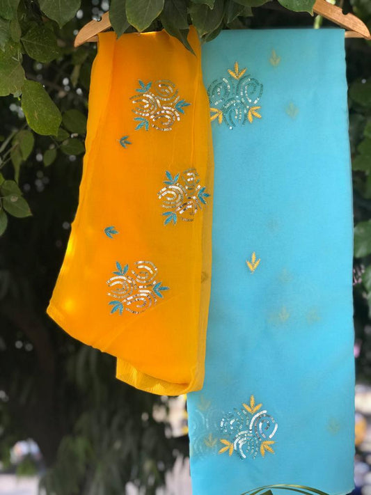 Sky blue sequins buta saree