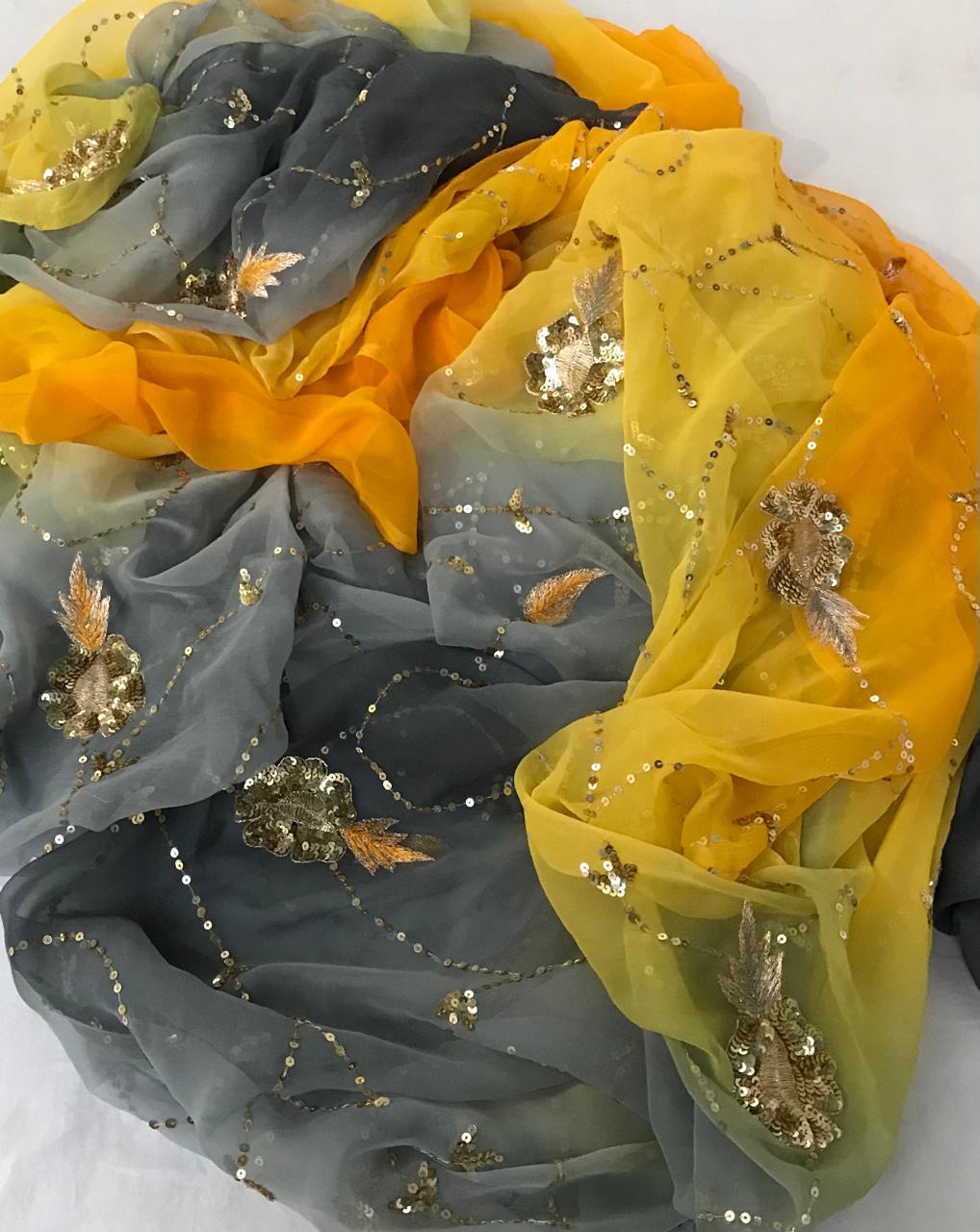 Ombre yellow shaded Aari Resham sequins Jaal saree