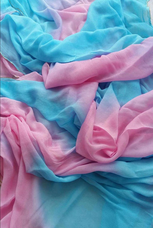 Ombre Pink Sky Blue Plain Shaded Miraya Chiffon Sarees