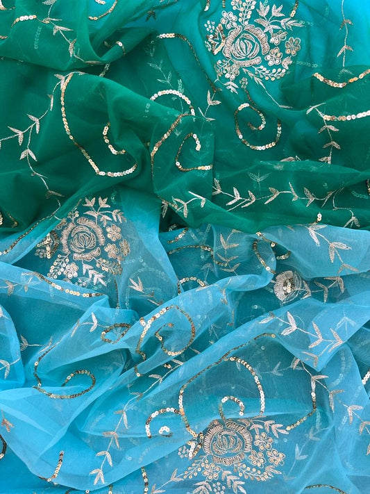 Ombre blue shaded Aari sequins Jaal saree