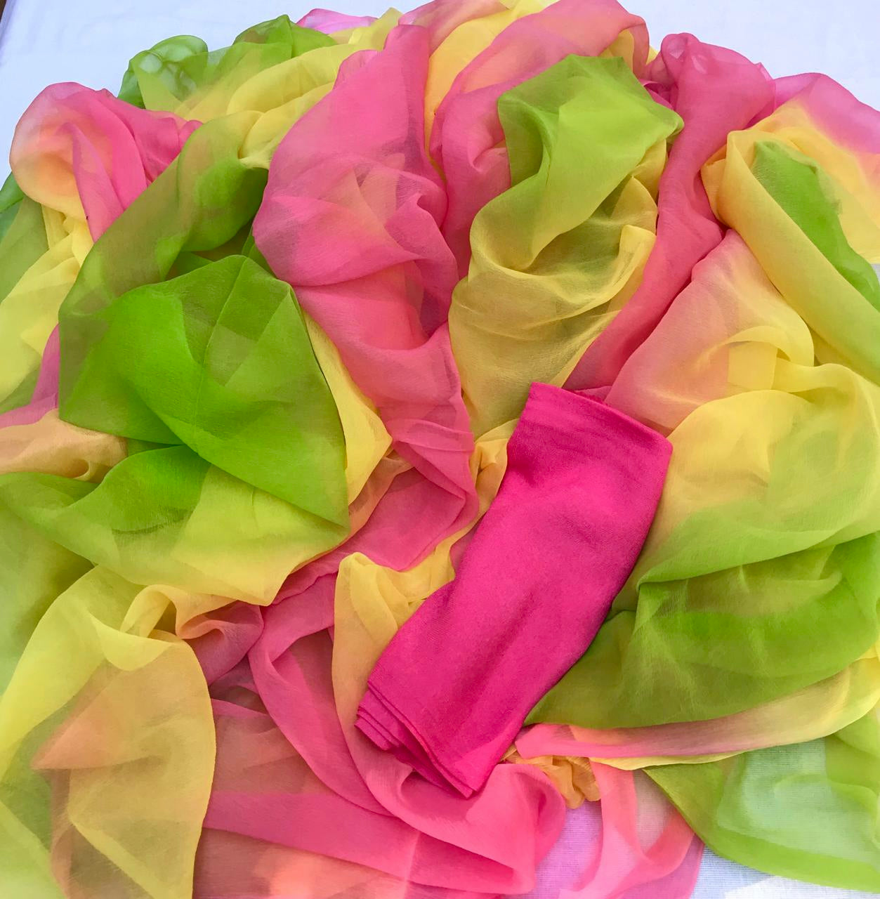 Ombre Yellow Green Pink Plain Shaded Miraya Chiffon Sarees