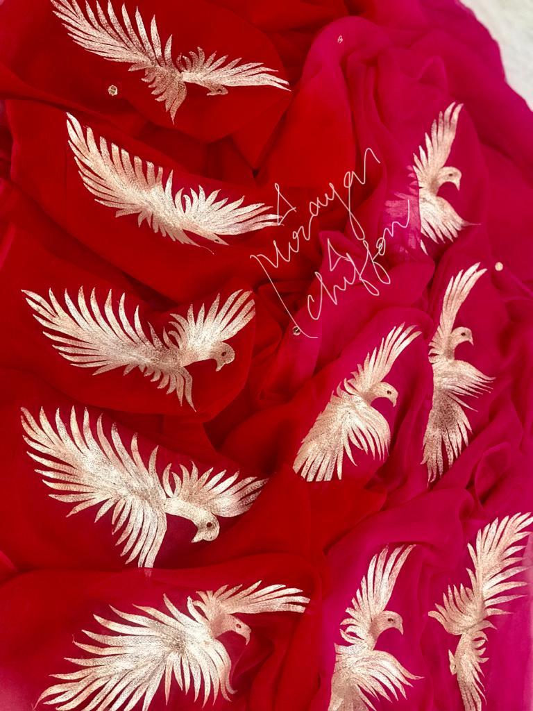 Red Shaded Bird Motifs Miraya Chiffon Sarees