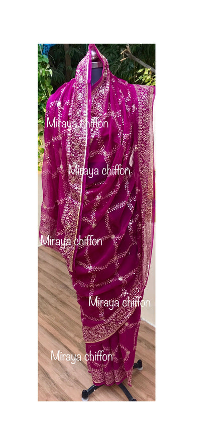 Wine Color Aari Sequins Jaal With Border Miraya Chiffon Sarees