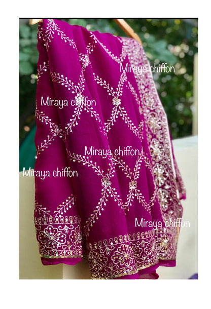 Wine Color Aari Sequins Jaal With Border Miraya Chiffon Sarees