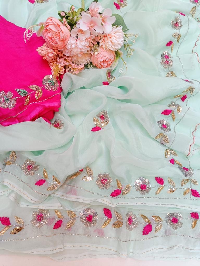 Powder blue Aari Zardoji border saree