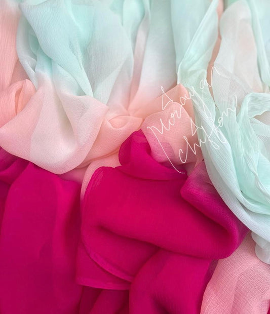 Powder Blue Peach Magenta Ombre Dyed Miraya Chiffon Sarees