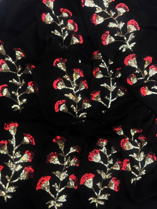 Black golden red sequins buta saree