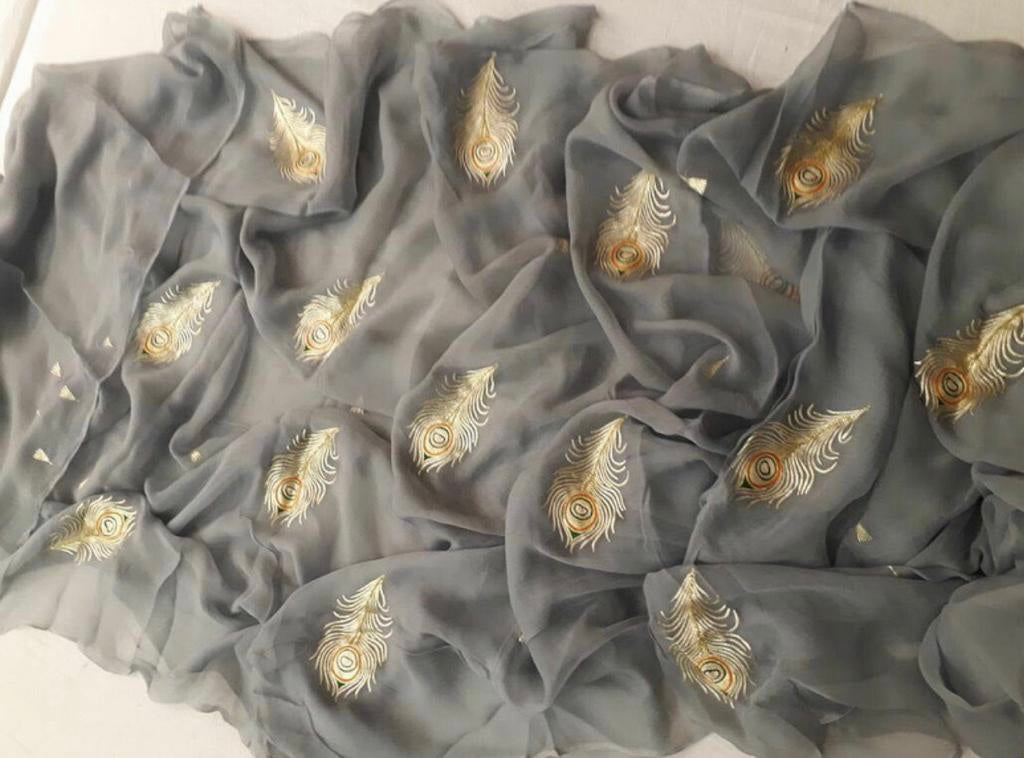 Grey Aari Phank Motifs Miraya Chiffon Sarees